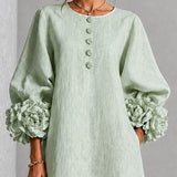 Vestido Midi Mistica Salvia com Botões a Flores e Mangas a Flores Extravagantes