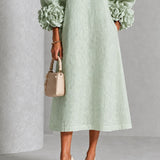 Vestido Midi Mistica Salvia com Botões a Flores e Mangas a Flores Extravagantes