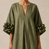 Vestido Midi Verde Oliva com Decote em V e Mangas Florais Extravagantes