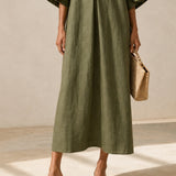 Vestido Midi Verde Oliva com Decote em V e Mangas Florais Extravagantes
