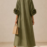 Vestido Midi Verde Oliva com Decote em V e Mangas Florais Extravagantes