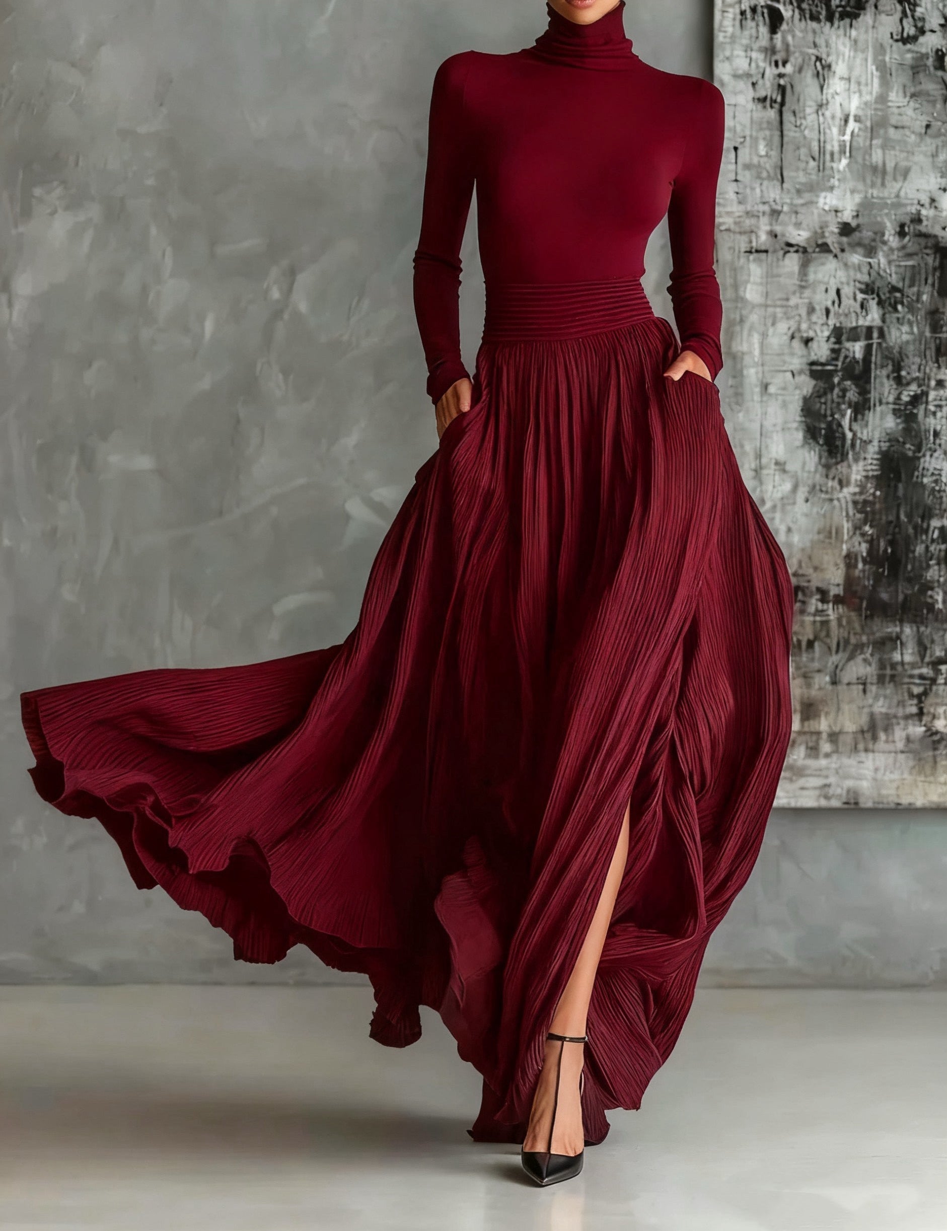 Marion | Conjunto Preto com Gola Alta e Saia Plissada Elegante