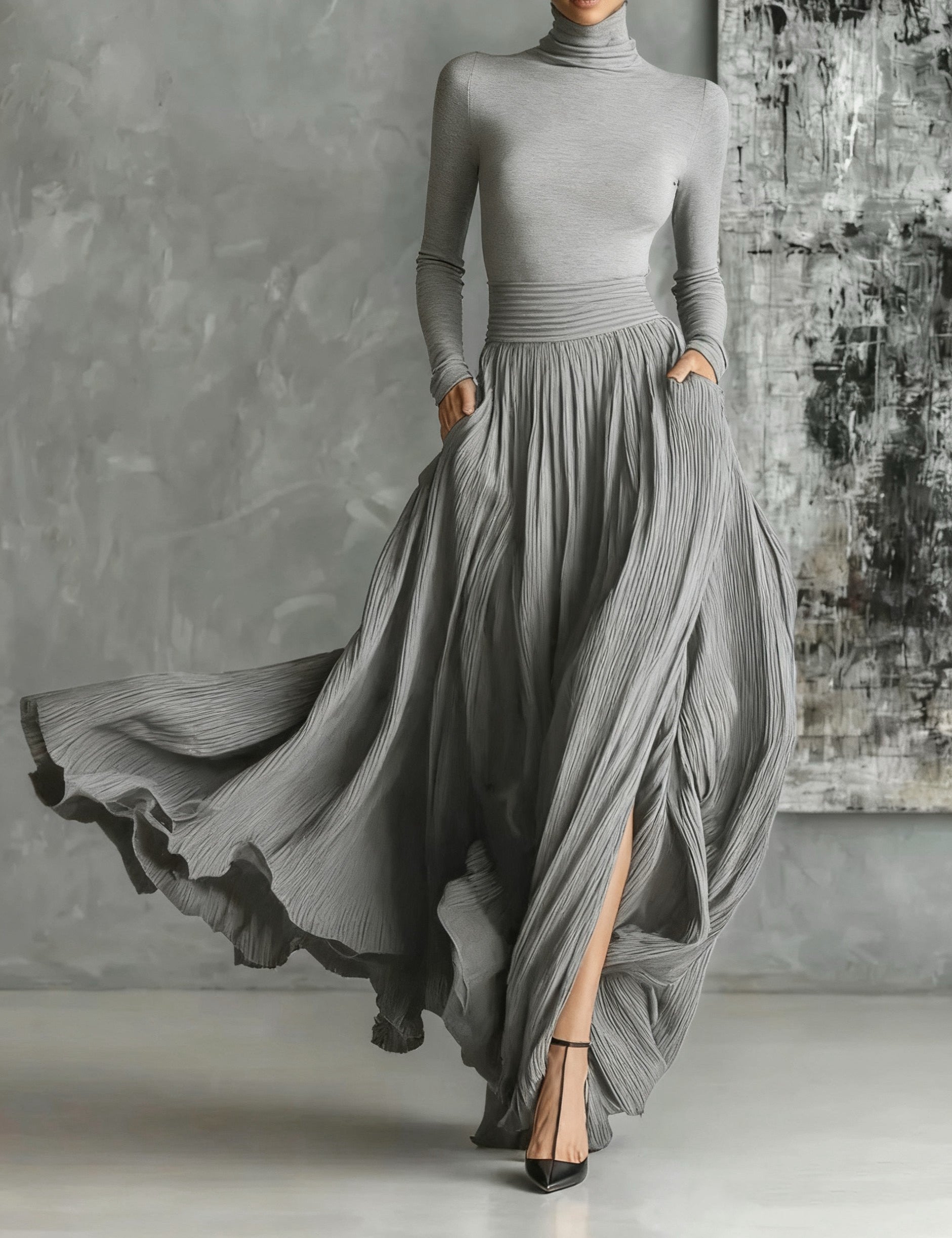 Marion | Conjunto Preto com Gola Alta e Saia Plissada Elegante
