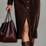 Veronica | Vestido Midi de Pana com Bolsos Frontais e Botões
