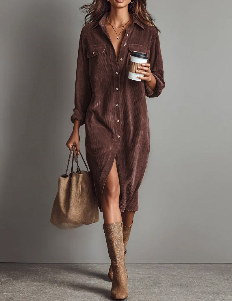 Veronica | Vestido Midi de Pana com Bolsos Frontais e Botões