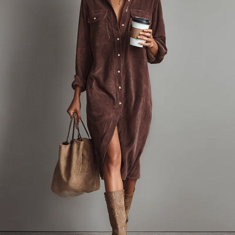 Veronica | Vestido Midi de Pana com Bolsos Frontais e Botões