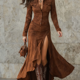 Lisette | Vestido Longo Retro em Tom Castanho com Babados