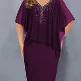 Vestido de chiffon feminino com decote em V e adornos de strass
