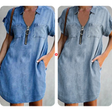 ⌛Oferta por tempo limitado – Vestido camisa casual em jeans para mulher, corte solto, gola, mangas curtas, fecho éclair e bolsos