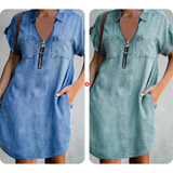 ⌛Oferta por tempo limitado – Vestido camisa casual em jeans para mulher, corte solto, gola, mangas curtas, fecho éclair e bolsos