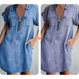 ⌛Oferta por tempo limitado – Vestido camisa casual em jeans para mulher, corte solto, gola, mangas curtas, fecho éclair e bolsos