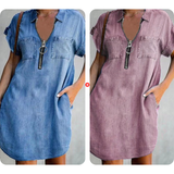 ⌛Oferta por tempo limitado – Vestido camisa casual em jeans para mulher, corte solto, gola, mangas curtas, fecho éclair e bolsos