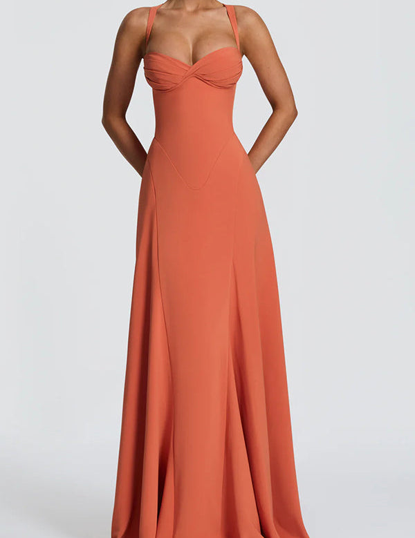 Iria | Vestido Maxi de Chifón Irie com Decote em Coração e Alças Ajustáveis com Laço nas Costas