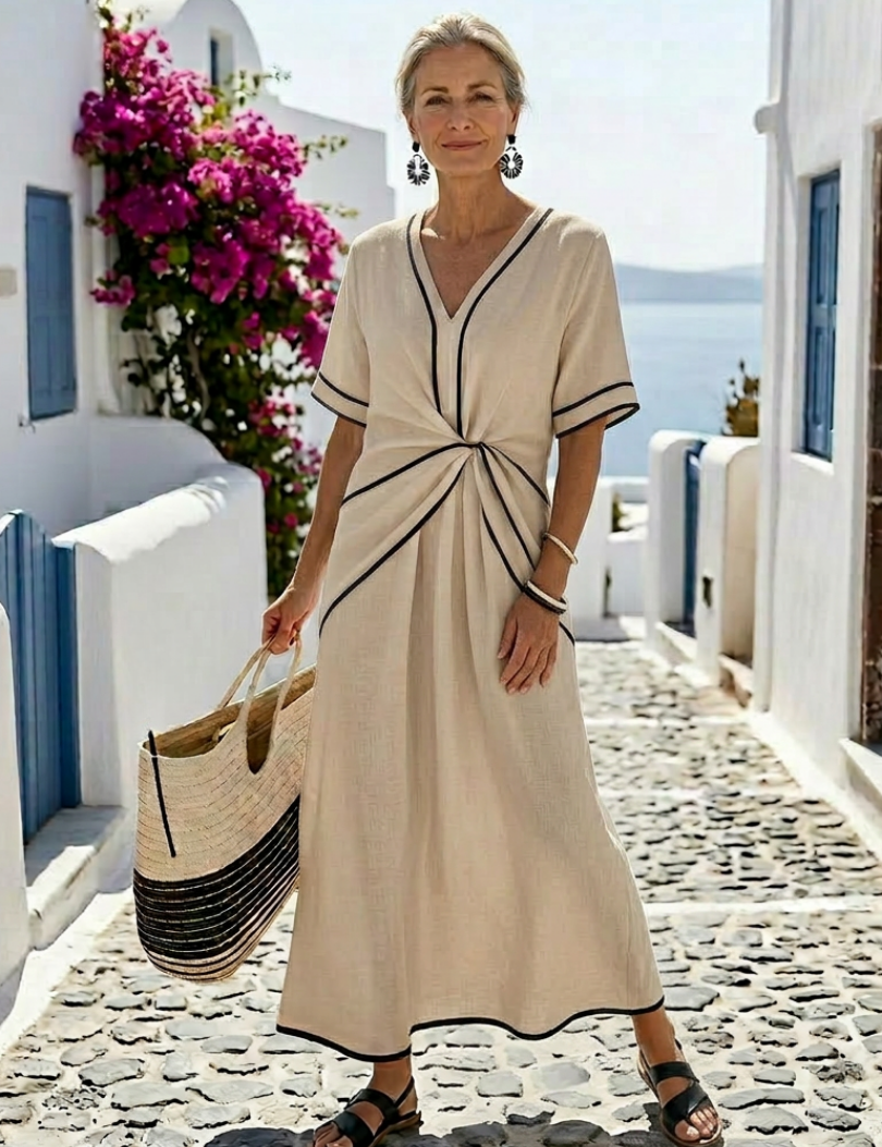 Auriane | Vestido Midi com Decote em V e Cintura Ajustada