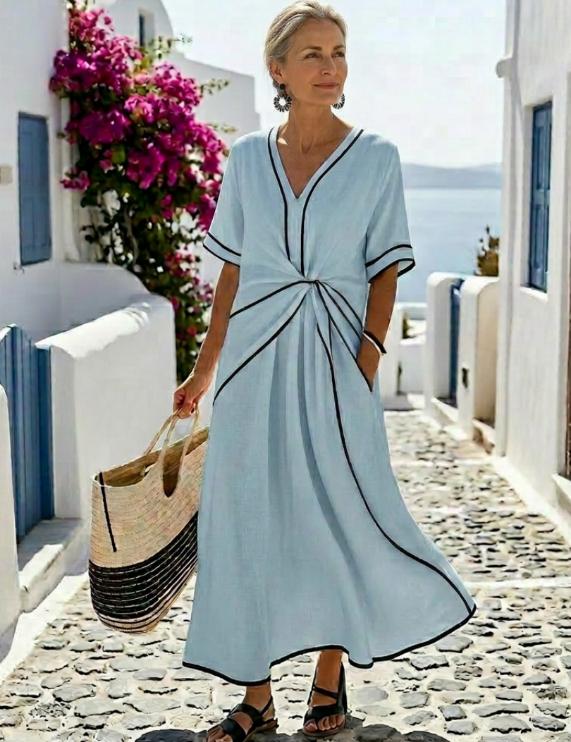 Auriane | Vestido Midi com Decote em V e Cintura Ajustada