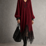 Vestido midi cinza de malha com barra de rendas