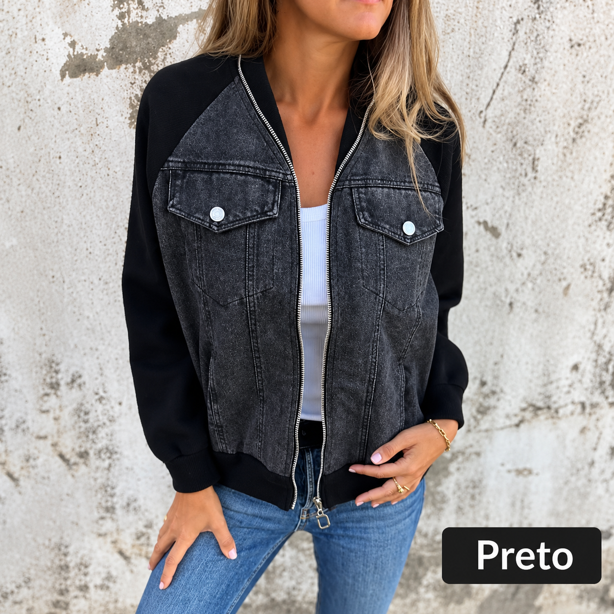 🔥 Promoção de Primavera: -50% 🔥 Casaco em denim com fecho éclair para mulheres