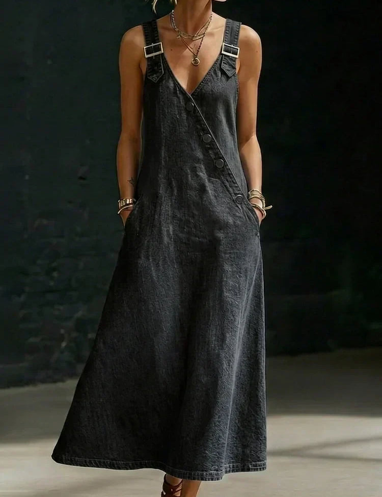 Vera - Vestido Longo de Denim com Botões