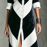 Vestido Midi Color‑Block em Veludo Azul Marinho, Camisa com Colarinho e Botões, Vestido Geométrico Patchwork de Manga 3/4