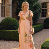 Hélène | Vestido Maxi Floral Plissado com Decote em V