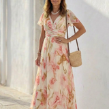 Margaux | Vestido Maxi Floral com Mangas Curtas em V