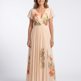 Hélène | Vestido Maxi Floral Plissado com Decote em V