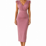 Vestido Midi Plumas Rosa Empolvado