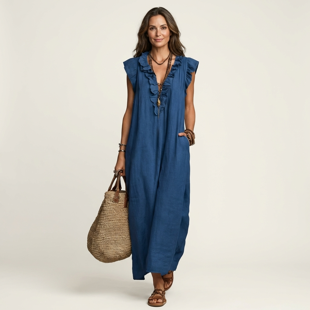 Josette | Maxi Vestido de Linho com Detalhes em Renda em V