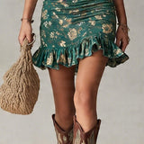 Vestido curto boémio estampado verde com folhos