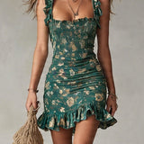 Vestido curto boémio estampado verde com volantes