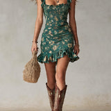 Vestido curto boémio estampado verde com folhos