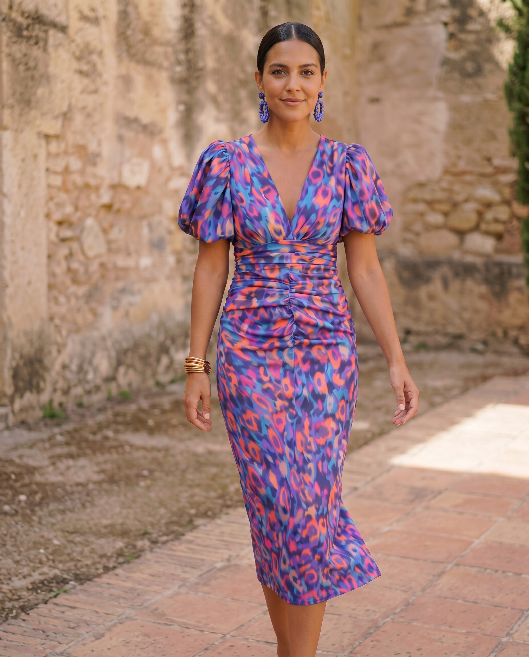 Carla™ | Vestido Midi Floral com Mangas Bufantes