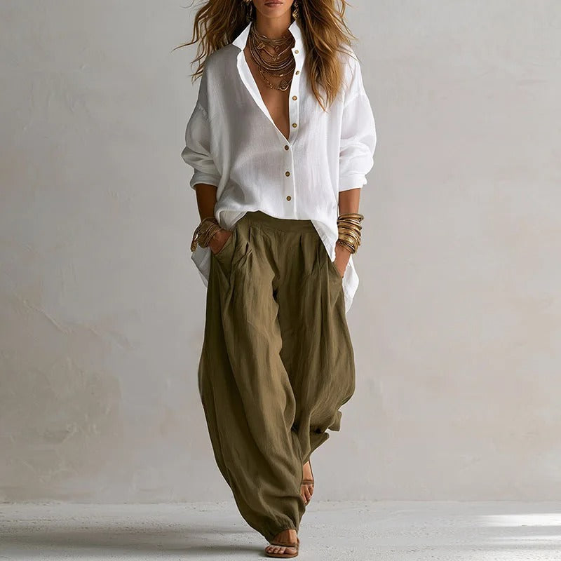 Aitana Conjunto Elegante de Camisa e Calças Amplas