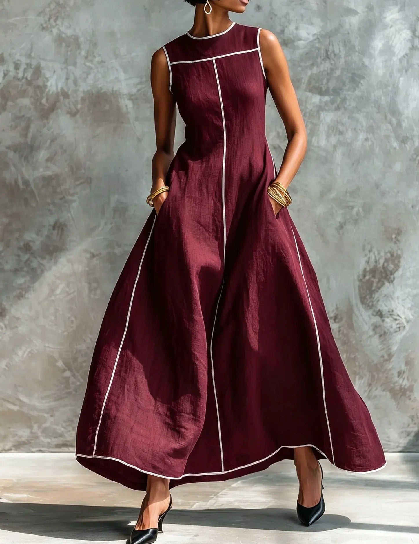 Carlota Vestido Maxi Preto com Detalhes Contrastantes