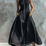 Carlota Vestido Maxi Preto com Detalhes Contrastantes