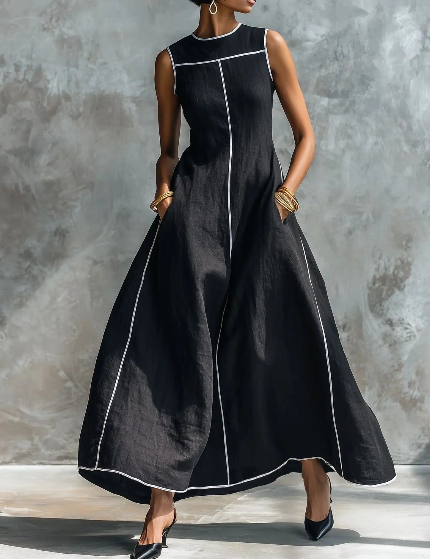 Carlota Vestido Maxi Preto com Detalhes Contrastantes
