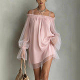 Elisa Vestido Mini de Tule com Ombros à Mostra e Manga Longa