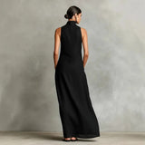 Vestido Longo Largado sem Mangas com Gola Alta Marina