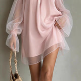 Elisa Vestido Mini de Tule com Ombros à Mostra e Manga Longa