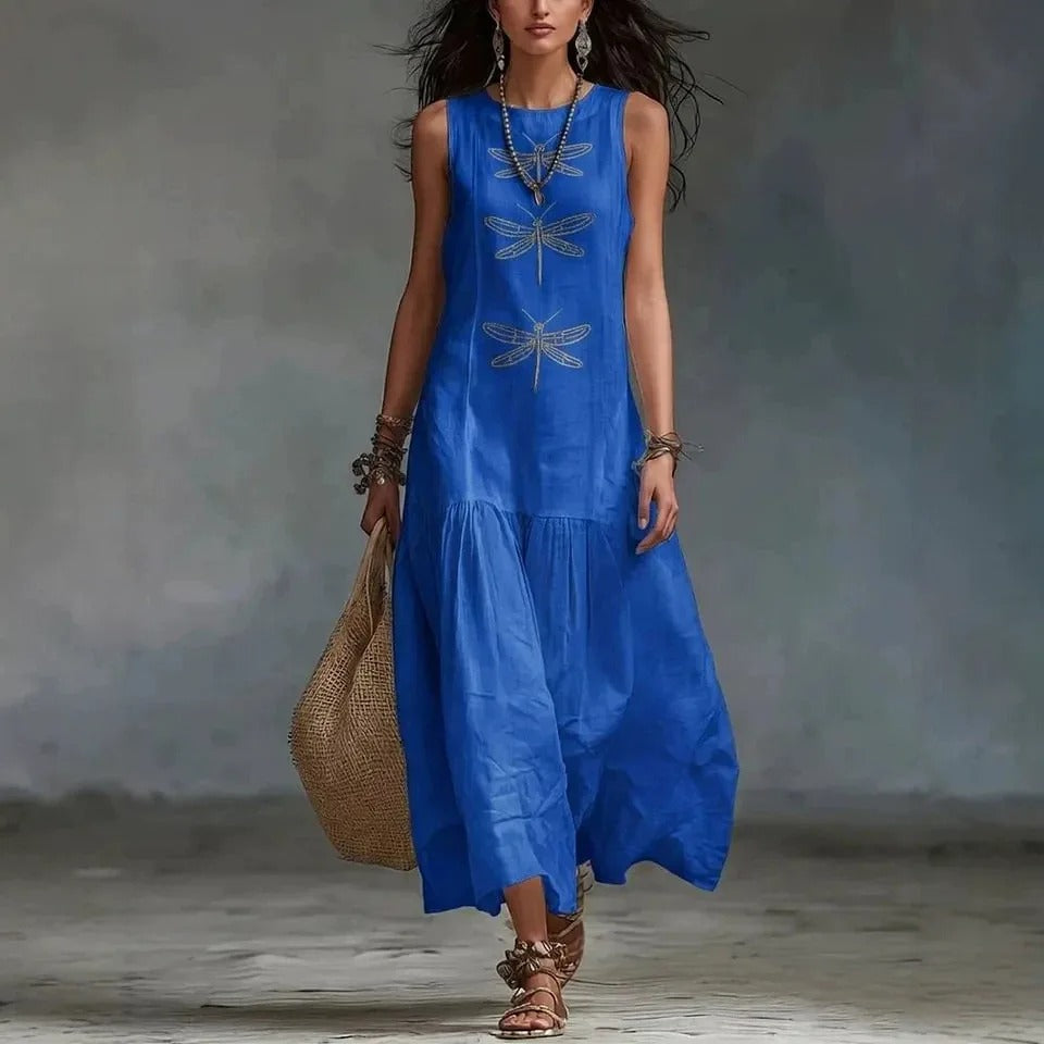 Vestido Midi Boêmio Daniela com Estampa de Libélulas