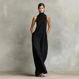Vestido Longo Largado sem Mangas com Gola Alta Marina