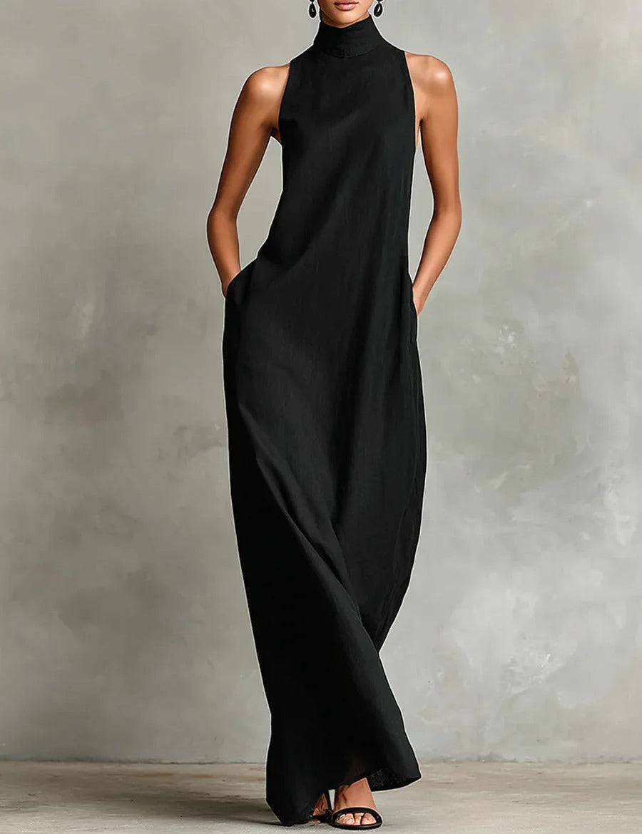 Vestido Longo Largado sem Mangas com Gola Alta Marina