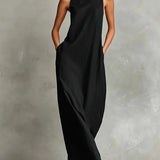 Vestido Longo Largado sem Mangas com Gola Alta Marina