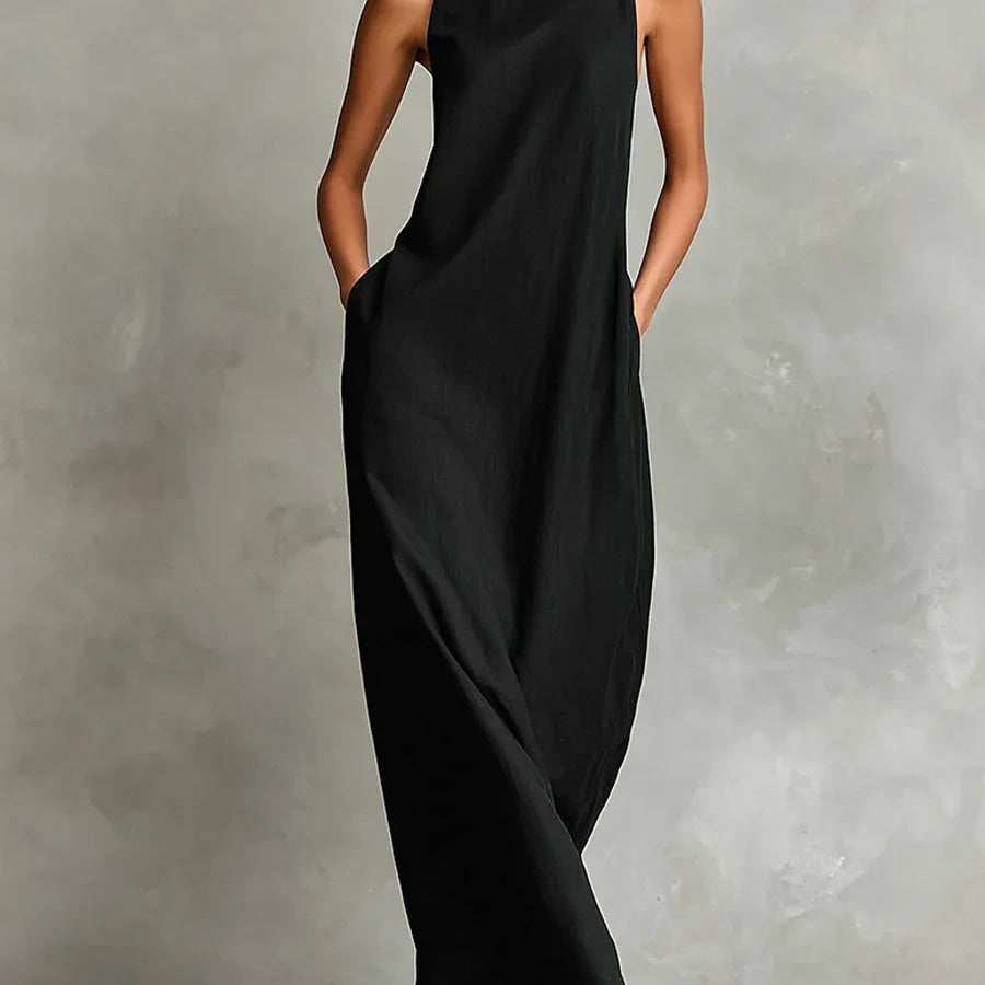 Vestido Longo Largado sem Mangas com Gola Alta Marina