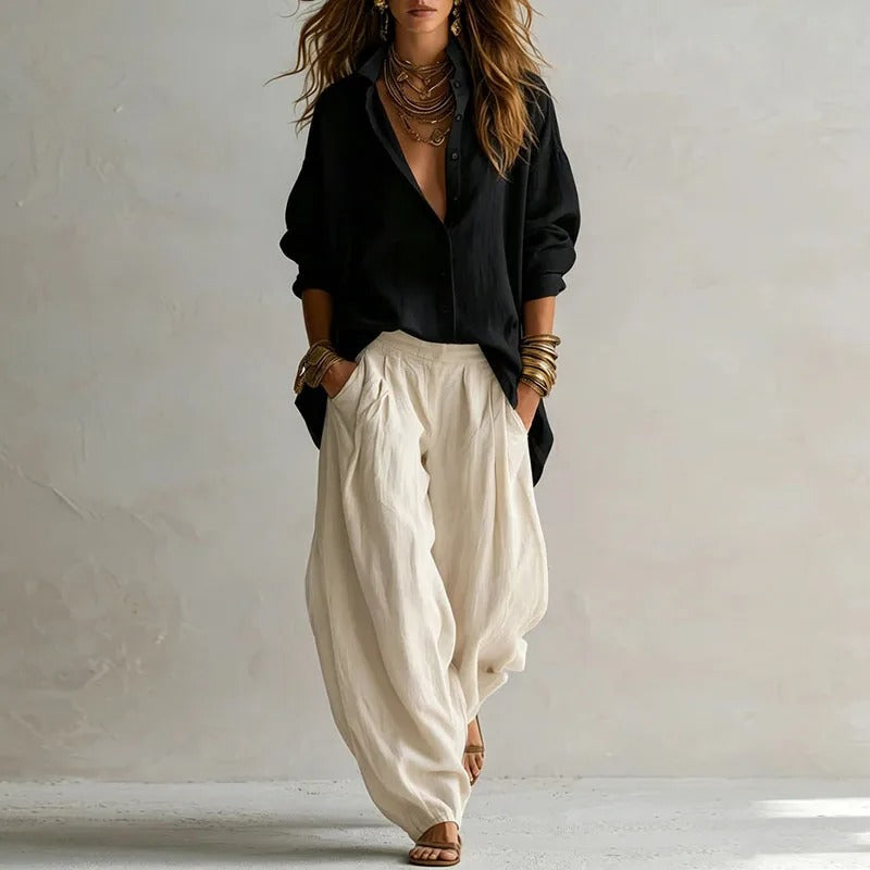 Aitana Conjunto Elegante de Camisa e Calças Amplas