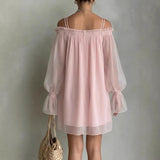 Elisa Vestido Mini de Tule com Ombros à Mostra e Manga Longa