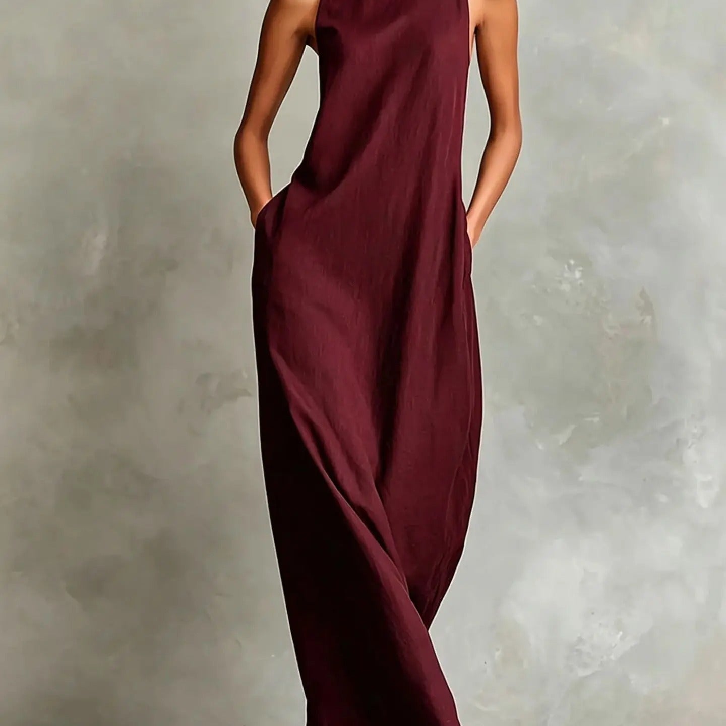 Vestido Longo Largado sem Mangas com Gola Alta Marina