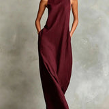 Vestido Longo Largado sem Mangas com Gola Alta Marina
