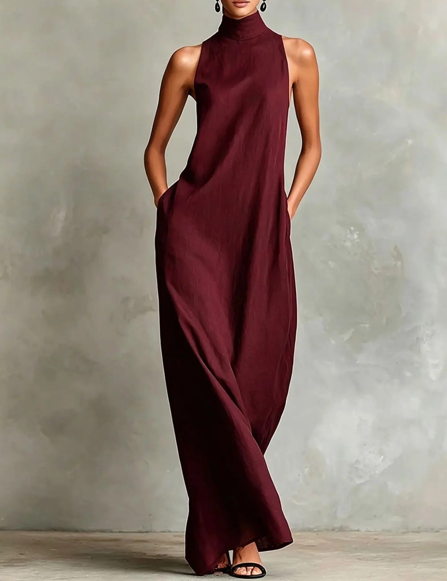 Vestido Longo Largado sem Mangas com Gola Alta Marina
