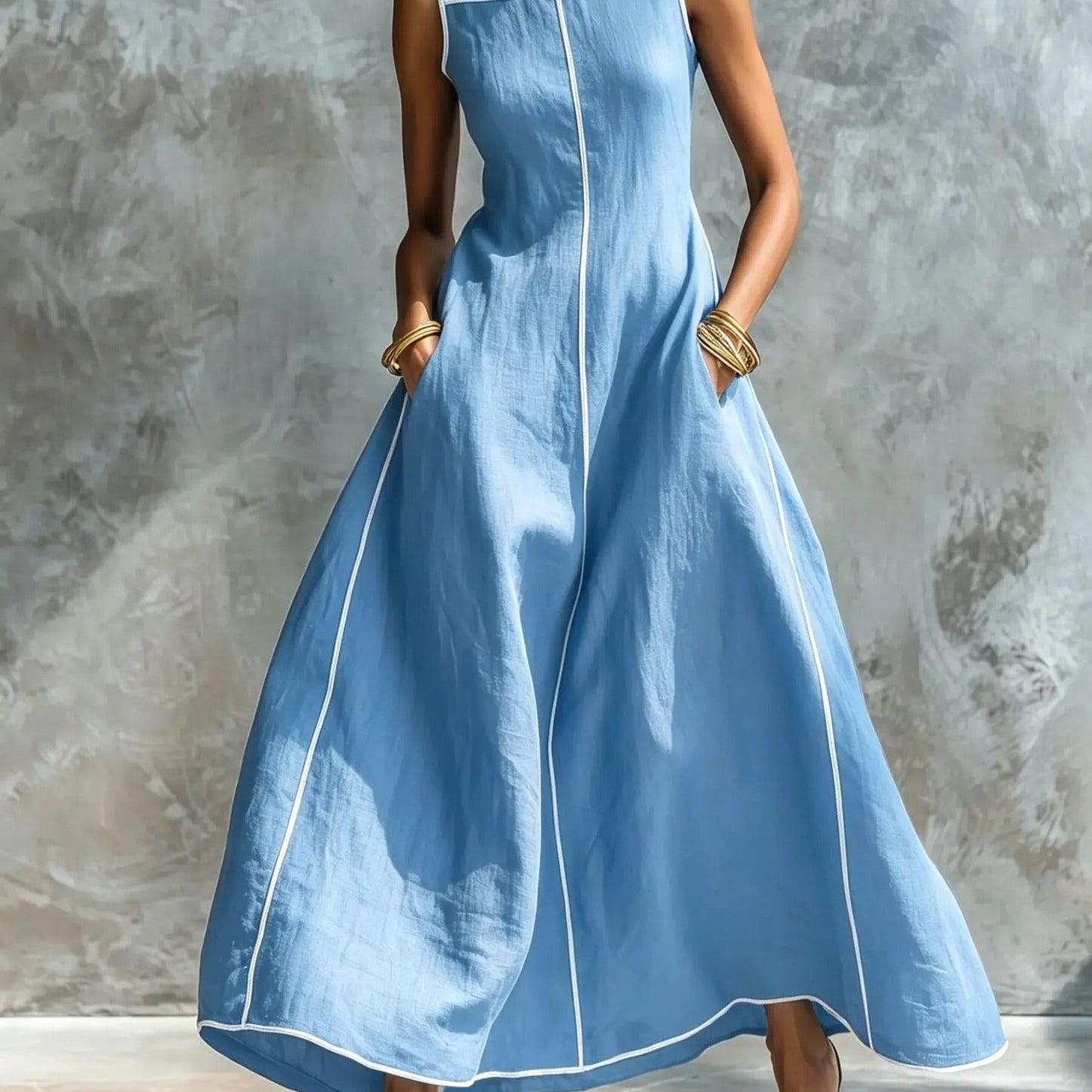 Carlota Vestido Maxi Preto com Detalhes Contrastantes